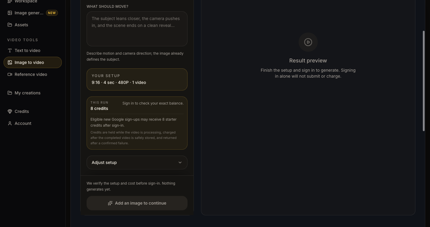 Roadster AI Video desktop workspace showing the video setup and live quote before generation